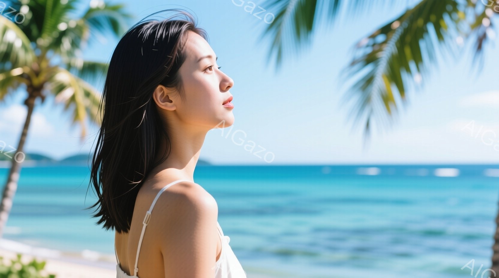海岸を背景に、ショートヘアの女性が横顔で写っています。白いキャミソールを着ており、穏やかな表情で遠くを見つめています。背景には青い海とヤシの木が見え、晴れた日のリラックスした雰囲気が漂っています。