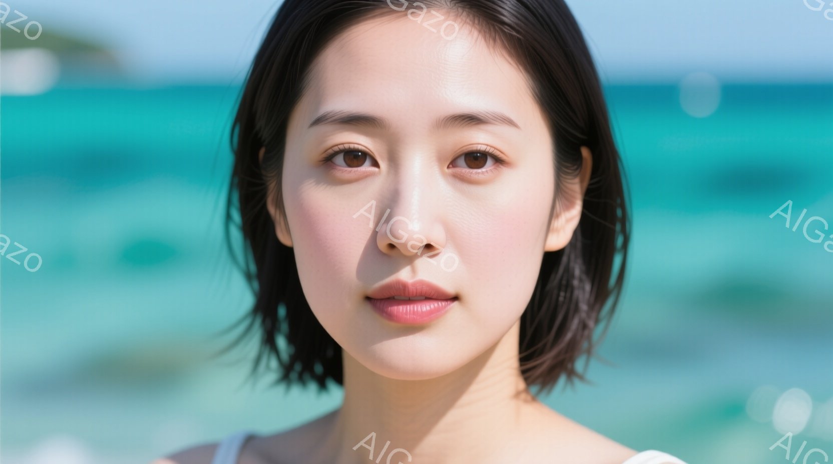 この画像は、肩から上が映ったアジア人女性のポートレートです。彼女は短い黒髪で、明るい色のトップスを着ています。表情は穏やかで、まっすぐカメラを見つめており、背景にはターコイズブルーの海と白い砂浜が見えます。