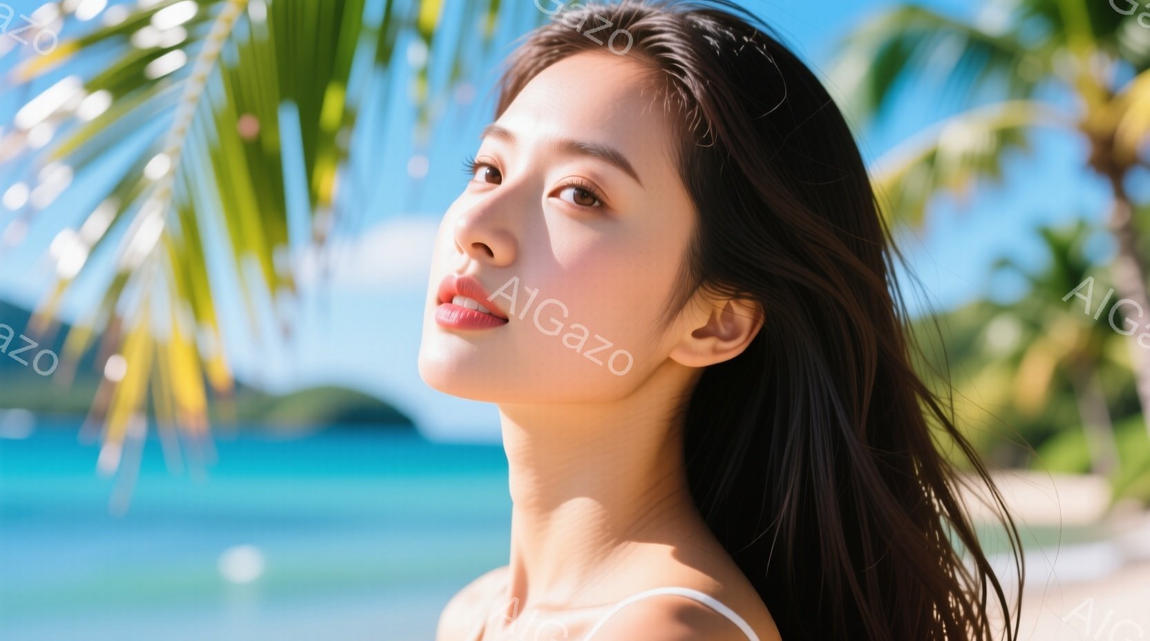 長い黒髪をなびかせ、白い肌と鮮やかな赤い唇を持つ女性が写っている。彼女は海を望む方向へ視線を向け、リラックスした表情で穏やかな日差しを浴びている。背景にはターコイズブルーの海とヤシの木々が広がり、南国リゾートの開放的な雰囲気を醸し出している。