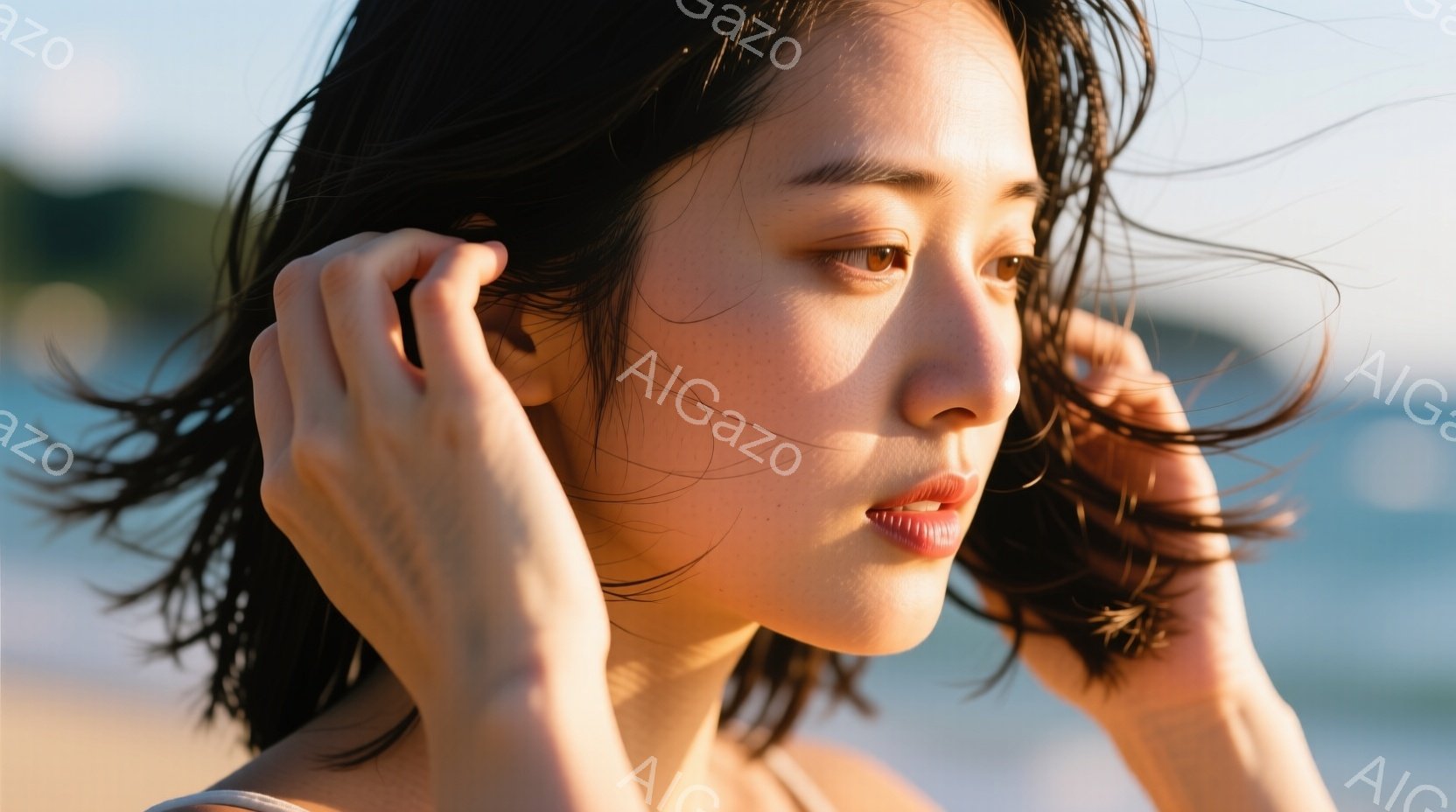 長い黒髪が風になびき、女性が両手で髪をかきあげている姿が写っている。彼女は穏やかな表情で、少し唇を開けている。背景には青い海と緑の山々がぼやけて見え、夕暮れのような柔らかい光が全体を包んでいる。