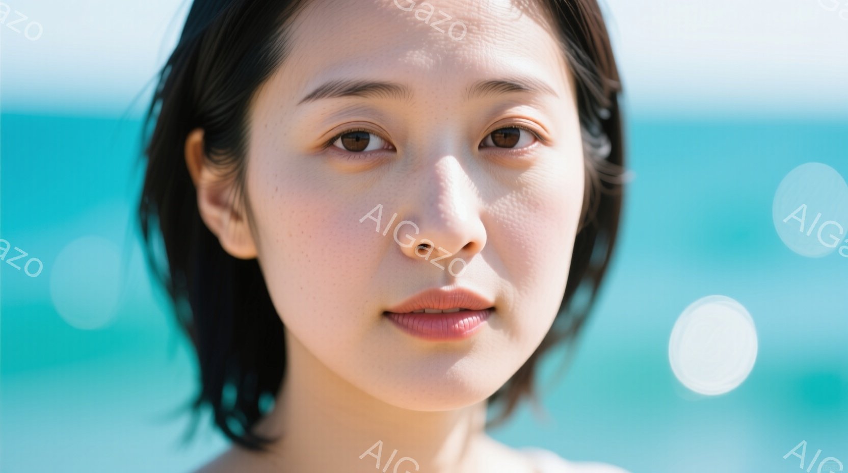 鮮やかなターコイズブルーの背景を背景に、若い女性がクローズアップで写っている。彼女はダークブラウンのショートヘアで、穏やかで少し微笑んだ表情をしている。背景にはぼやけた光の円があり、全体的に柔らかく穏やかな雰囲気を醸し出している。