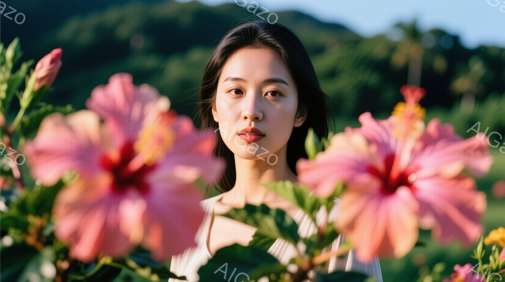 鮮やかなピンク色のハイビスカスに囲まれた若い女性が写っている。彼女は肩を露出した白いトップスを着ており、長くストレートな黒髪が肩にかかっている。彼女の表情は穏やかで、カメラをまっすぐ見つめているため、全体的に落ち着いた雰囲気が漂う。