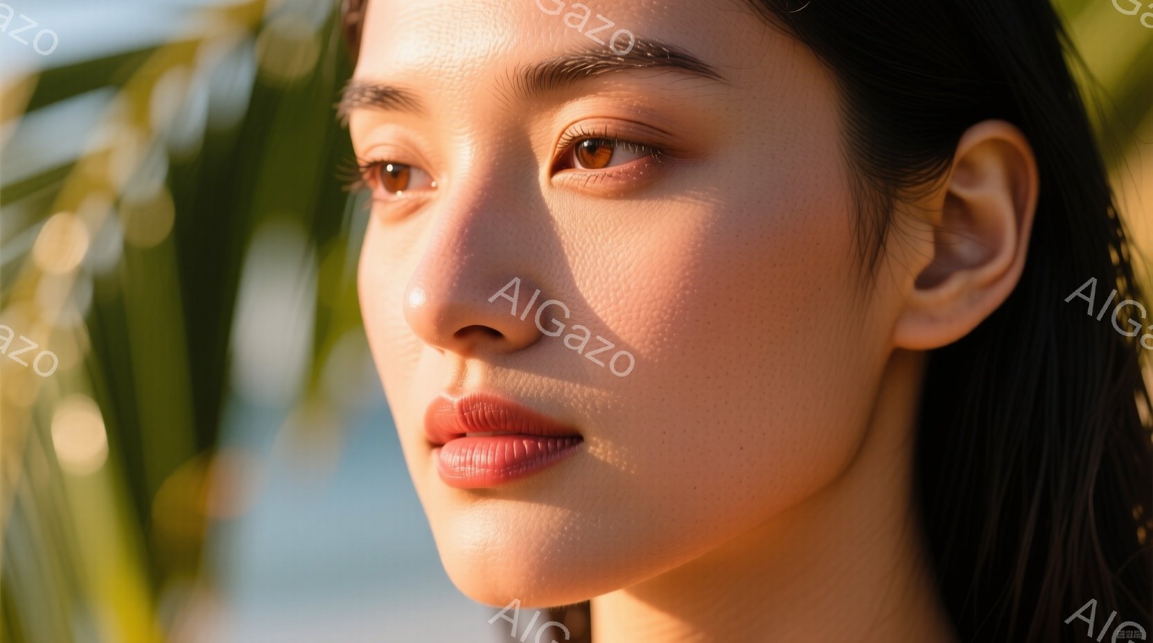 この画像は、光沢のある赤い口紅をつけた女性の顔のクローズアップです。彼女は長く真っ黒な髪をしており、視線はわずかに外を向いています。背景にはぼやけた緑の植物が見え、柔らかな自然光が彼女の顔を照らし、穏やかで洗練された雰囲気を醸し出しています。