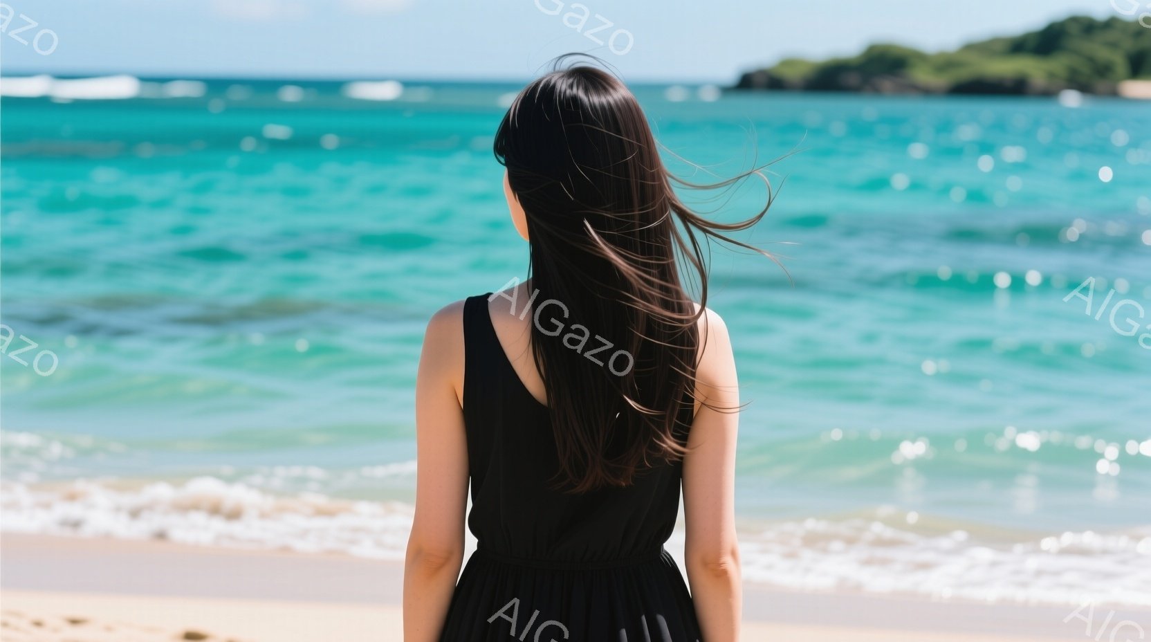 黒いワンピースを着た女性が、背中をこちらに向けて砂浜に立っている。彼女の長い髪は風になびき、エメラルドグリーンの海と白い波が背景に広がり、穏やかでリラックスした雰囲気を醸し出している。青い空と遠くに見える緑の島が、美しい南国の風景を完成させている。