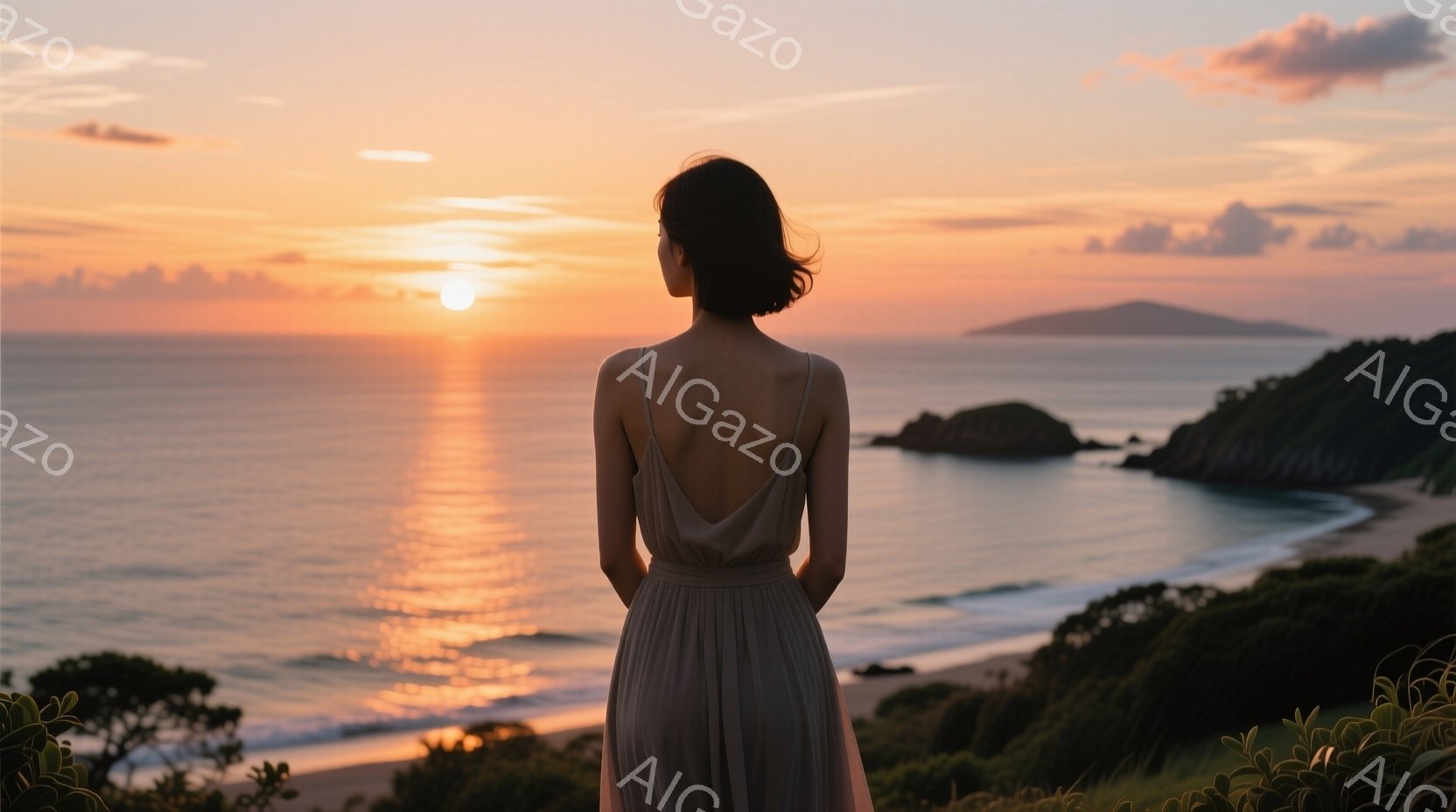 背中を見せた女性が、夕焼けの海を眺めている。彼女は、肩を露出した薄いピンク色のドレスを着ており、髪は肩のあたりで軽くカールしている。背景には、緑豊かな丘陵と、夕日に照らされた海、そして遠くに見える島影が広がっており、穏やかでロマンチックな雰囲気を醸し出している。
