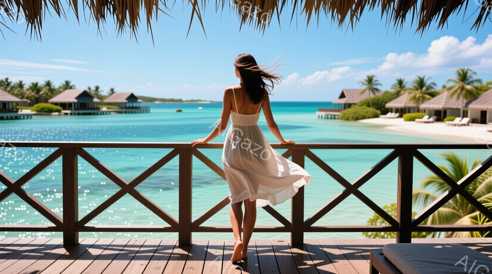 白いワンピースを着た女性が、ターコイズブルーの海を望むウッドデッキに立っている。風になびくワンピースと、後ろで結ばれた長い髪が、リラックスした雰囲気を醸し出している。背景には、白砂のビーチと、水上コテージが点在し、晴天の下、穏やかな南国の景色が広がっている。