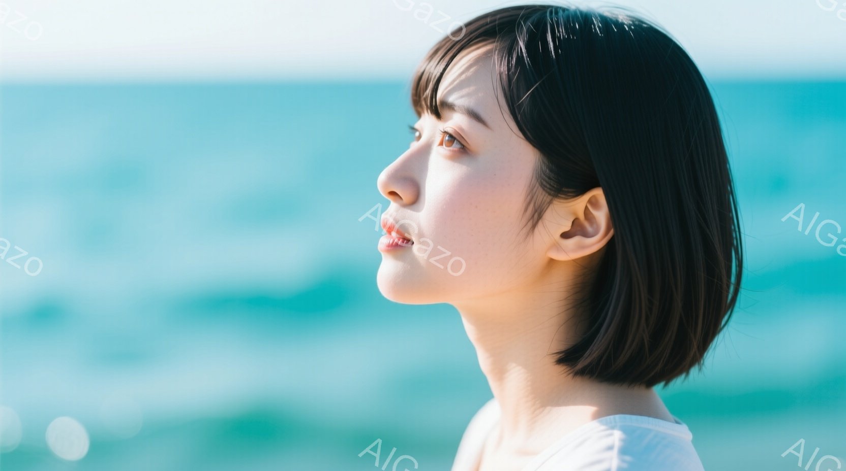 短い黒髪の女性が、青い海を背景に横顔で写っています。白いトップスを着ており、わずかに口を開けて遠くを見つめており、穏やかで物憂げな表情をしています。背景は鮮やかな青色の海と空で、全体的に静かでリラックスした雰囲気を醸し出しています。