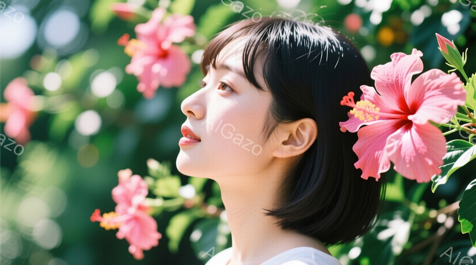 短い黒髪の女性が、ピンク色のハイビスカスの花に囲まれて横顔を見せています。白いシャツを着ており、顔は穏やかで少し上を見つめています。背景には緑豊かな植物が生い茂り、晴れた日の自然の中でリラックスした雰囲気が漂っています。