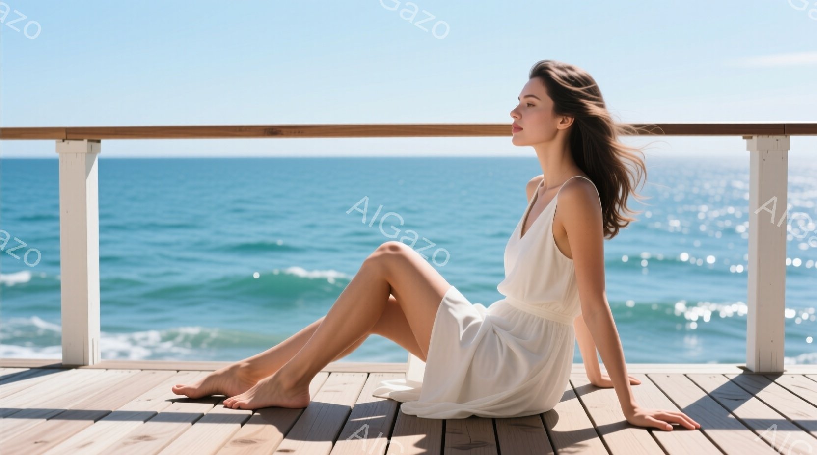 白い夏のワンピースを着た女性が、木製のデッキに足を伸ばして座っている。彼女は横を向き、海を眺め、穏やかな表情を浮かべている。背景には、青い海と白い波が広がり、晴天の下、リラックスした雰囲気が漂っている。