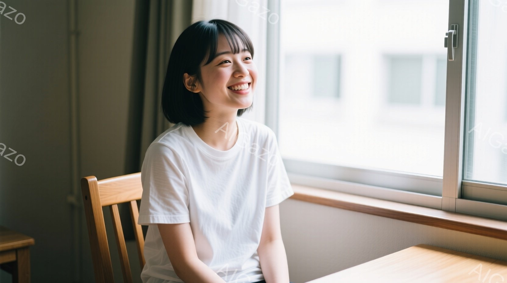 短い黒髪の女性が窓辺に座り、穏やかな笑顔を浮かべている。白いTシャツを着ており、リラックスした様子が伺える。背景には建物が見え、自然光が差し込み、温かく穏やかな雰囲気を醸し出している。