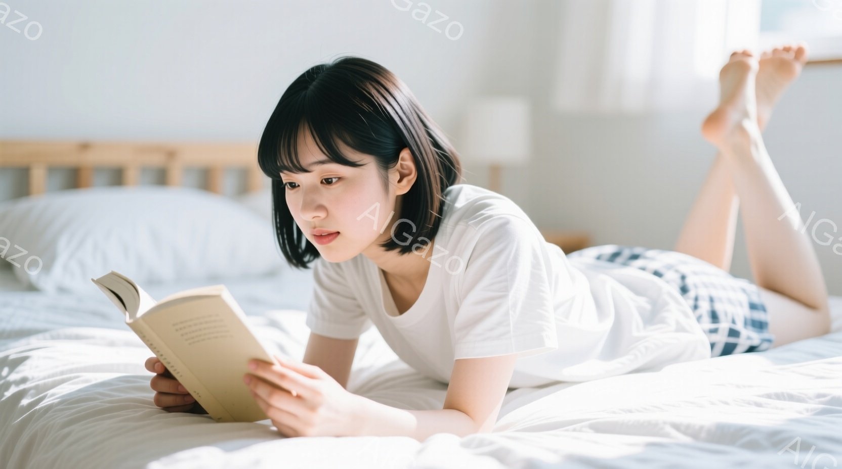 白いTシャツとチェック柄のズボンを身に着けた女性がベッドにうつ伏せになり、本を読んでいます。彼女は短い黒髪で、顔には穏やかな表情が見られます。背景は明るく、自然光が差し込み、リラックスした雰囲気です。