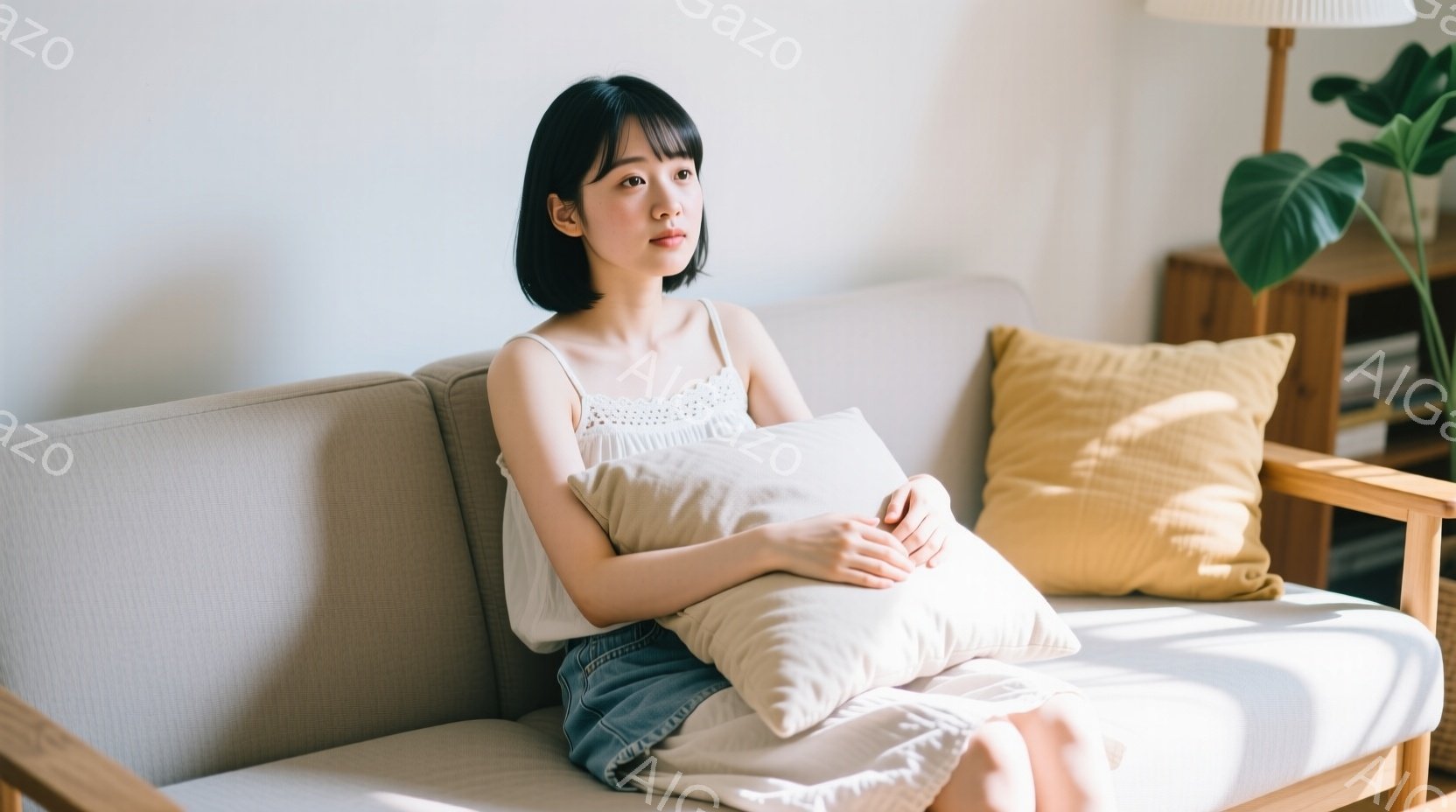 明るい室内で、女性がベージュ色のソファに座り、白いクッションを抱えています。彼女は肩出しの白いトップスと、淡いブルーのスカートを着用しており、黒髪のショートボブヘアで、穏やかな表情をしています。背景には木製の家具と緑の植物が見え、柔らかい光が差し込み、リラックスした雰囲気を醸し出しています。