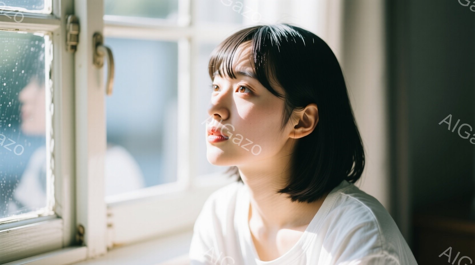 短い黒髪の女性が窓辺に立っており、わずかに顔を上げて何かを見つめているようだ。白いTシャツを着ており、表情は穏やかで物憂げな雰囲気を漂わせている。背景にはぼやけた窓の外の景色が見え、光が差し込み柔らかい雰囲気を演出している。