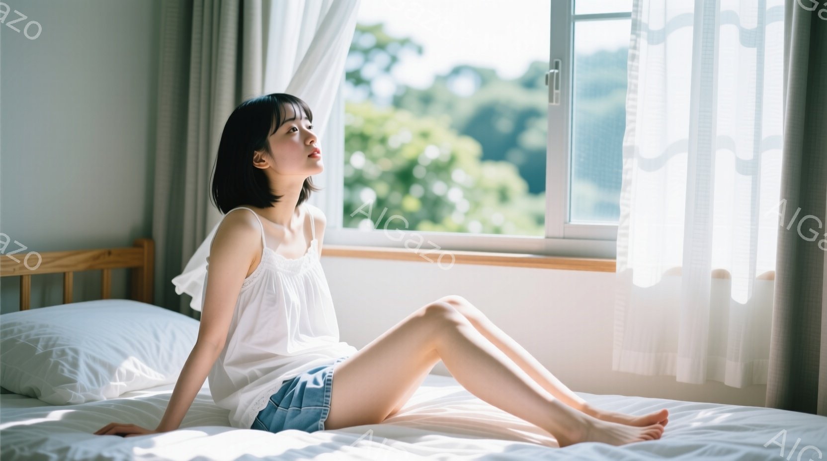 短い黒髪の女性がベッドに座っており、白いキャミソールとデニムのショートパンツを着用しています。彼女は窓の外を見つめ、少し憂いを帯びた表情をしています。背景には緑豊かな木々が見え、明るい光が差し込み、穏やかで静かな雰囲気を醸し出しています。