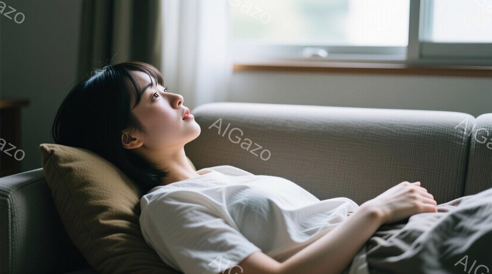 彼女はベージュのソファに横たわり、明るい光が差し込む窓を見つめている。白いゆったりとしたシャツを着ており、ダークブラウンの長い髪はリラックスした状態でソファに広がっている。穏やかな表情で、安らかな雰囲気を感じさせる、日常の一コマだ。