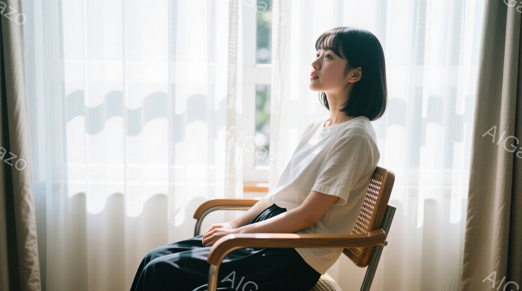 短い黒髪の女性が、明るい光が差し込む窓辺の椅子に座っています。白いTシャツと黒いパンツを着用し、リラックスした表情で横を向いています。背景には白いカーテンが並び、全体的に穏やかで静謐な雰囲気が漂ってい - AI生成フリー素材