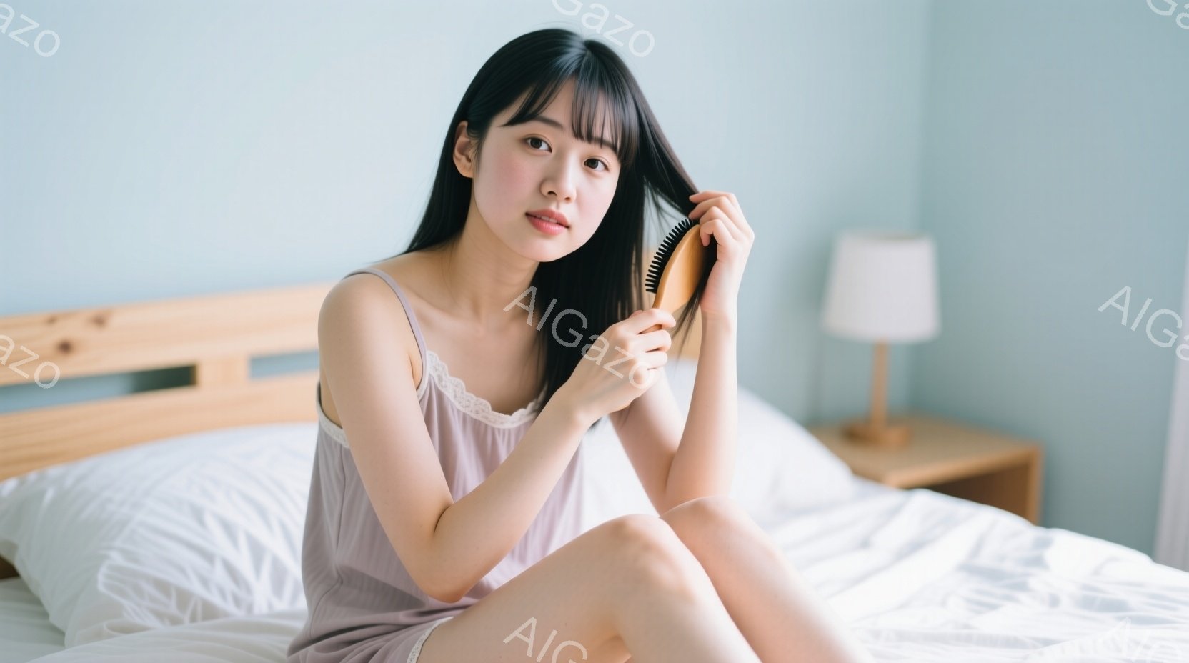 長い黒髪の女性が、薄いピンク色のキャミソールワンピースを着てベッドに座っています。彼女は片手に櫛を持ち、髪を梳かしている最中で、穏やかで微笑みをたたえた表情をしています。背景には木製のナイトテーブルと柔らかい光を放つランプがあり、全体的に落ち着いた、優しい雰囲気です。