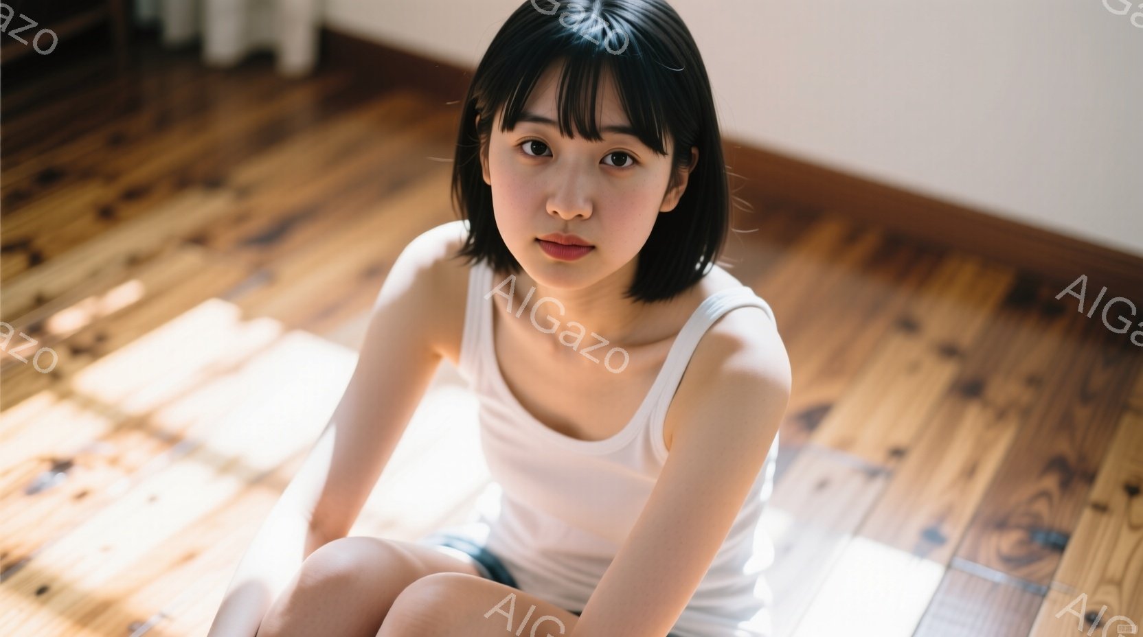 短い黒髪の女性が、白いタンクトップを着て床に座っている。彼女はカメラに向かって少し控えめな表情で、リラックスした姿勢で膝を曲げている。床は木製で、強い光が差し込み、暖かく穏やかな雰囲気を醸し出している。