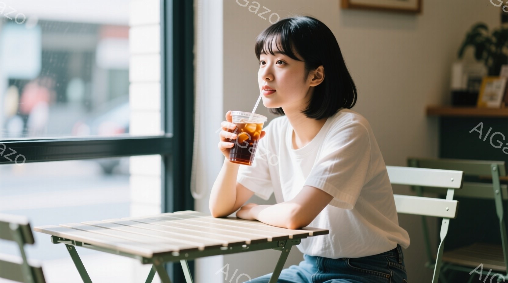 窓際の席に座る若い女性は、白いTシャツとジーンズを着て、何かを考え込んでいるような表情をしている。彼女はアイスコーヒーを手に持ち、肘をついてリラックスした姿勢で座っている。背景には明るい光が差し込み、カフェの穏やかな雰囲気が感じられる。