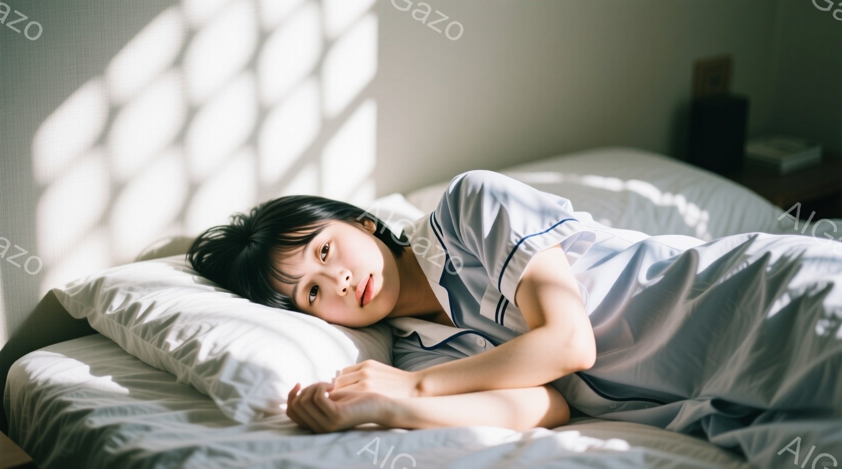 明るい光が差し込む寝室で、少女がベッドに横たわっている。彼女は水色のボタンダウンのシャツのようなパジャマを着ており、黒髪のショートヘアで、穏やかな表情でカメラを見ている。背景は白くシンプルな寝室で、リラックスした静かな雰囲気が漂っている。