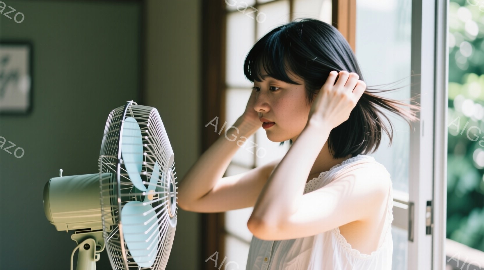 黒髪の短い女性が白いレースのトップスを着て、扇風機の風にあおられながら髪を触っています。彼女は窓の近くに立ち、やや横を向いており、表情は穏やかで少し物憂げです。背景には緑豊かな植物が見え、部屋全体が柔らかい光に包まれており、夏の静かな午後のような雰囲気が漂っています。