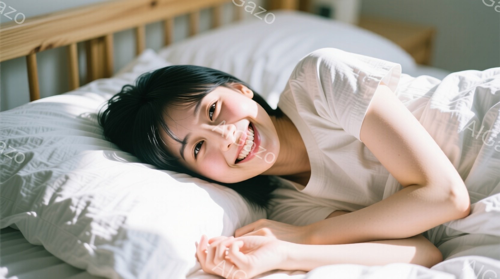 長い黒髪の女性がベッドに横たわり、微笑んでいます。白いゆったりとしたシャツを着ており、リラックスした雰囲気です。背景はぼやけていますが、光が差し込み、穏やかで心地よい空間を演出しています。
