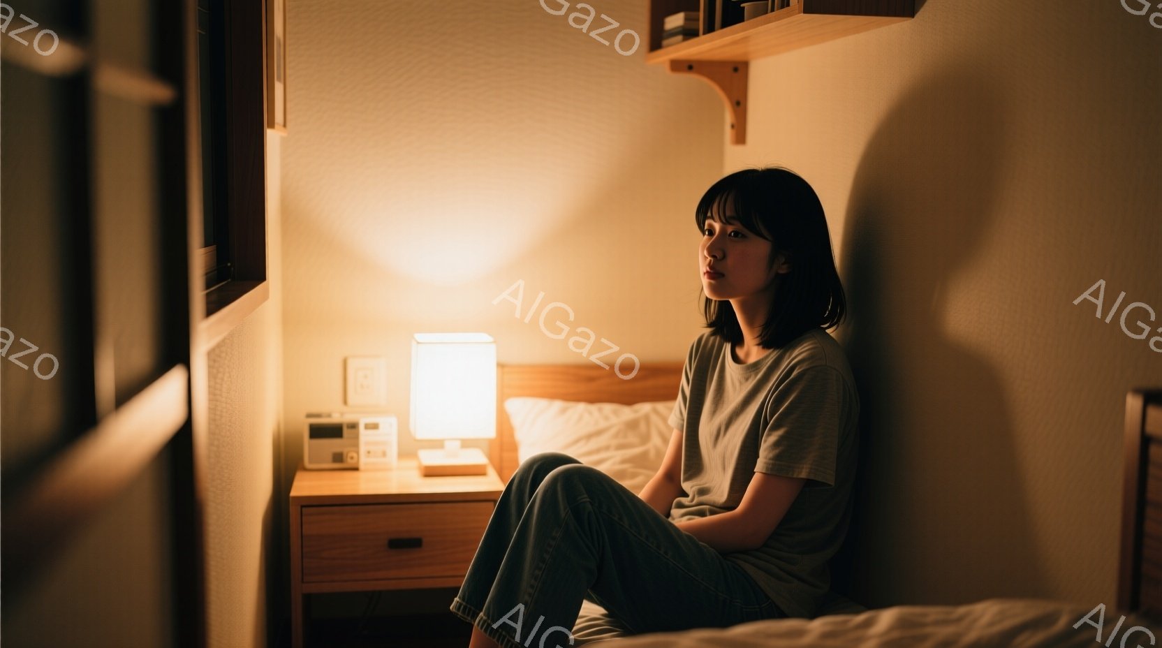 若い女性がベッドの隅に座っており、膝を抱えています。彼女は灰色のTシャツとジーンズを着ており、短い黒髪をしています。背景にはナイトテーブルとランプ、そして暖かい光があり、物憂げで内省的な雰囲気が漂っています。