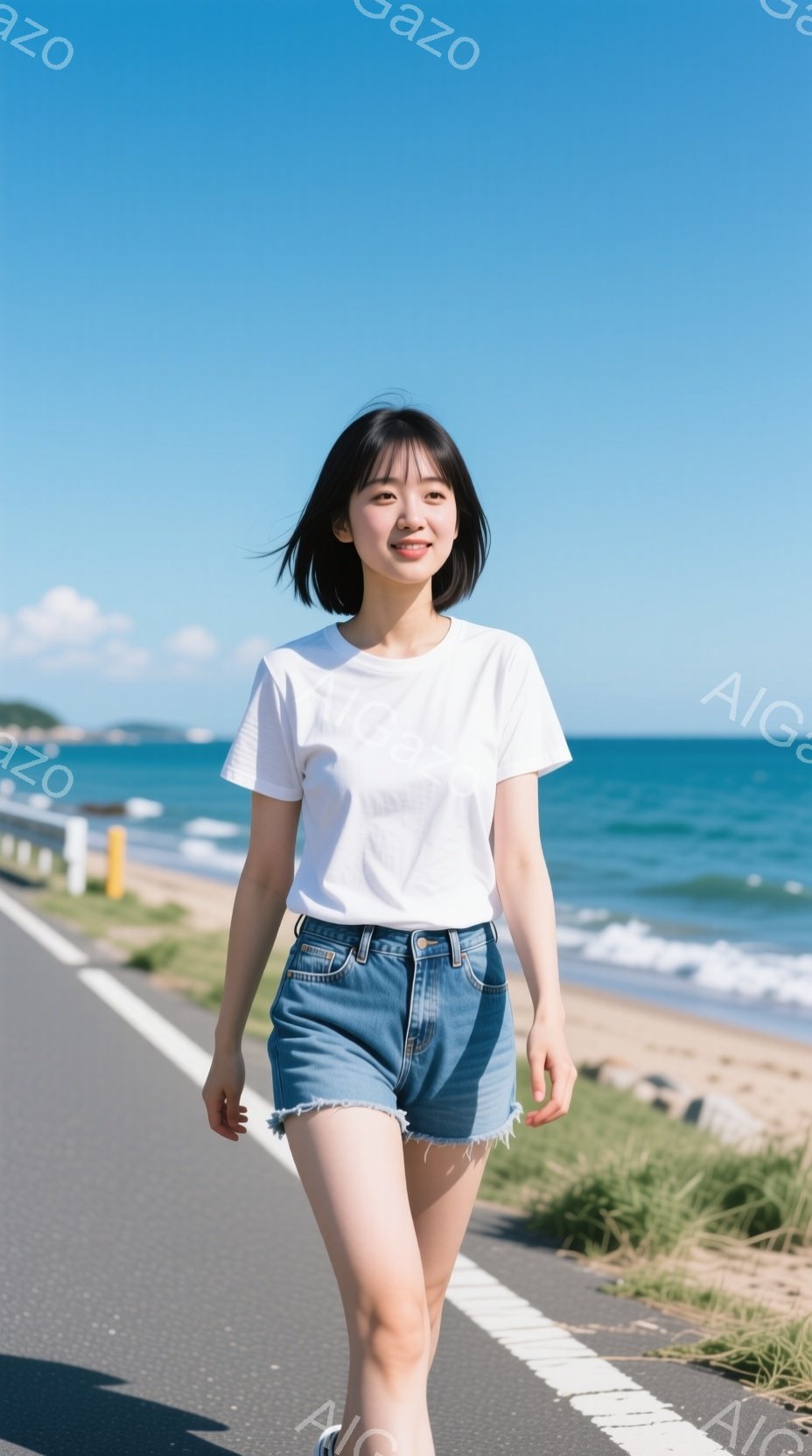 若い女性が海沿いの道を歩いている。白いTシャツとデニムのショートパンツを着用し、少し微笑んだ表情で、黒髪のショートヘアが風になびいている。背景には青い海と空、緑の草地が広がり、晴れた日の穏やかな雰囲気が感じられる。