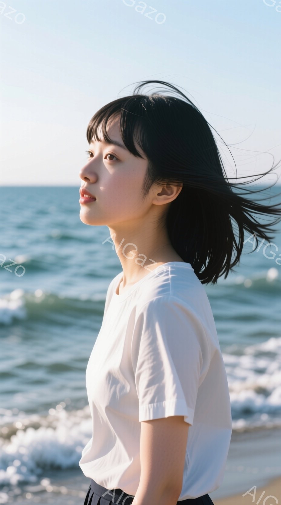 短い黒髪の女性が、白いTシャツと黒いスカートを身に着けて、横を向いて立っている。彼女の髪は風になびき、少し微笑んだ表情で、穏やかで自然な雰囲気を醸し出している。背景には、青い海と白い波が広がり、晴れた空の下、リラックスした時間が流れている様子が伺える。