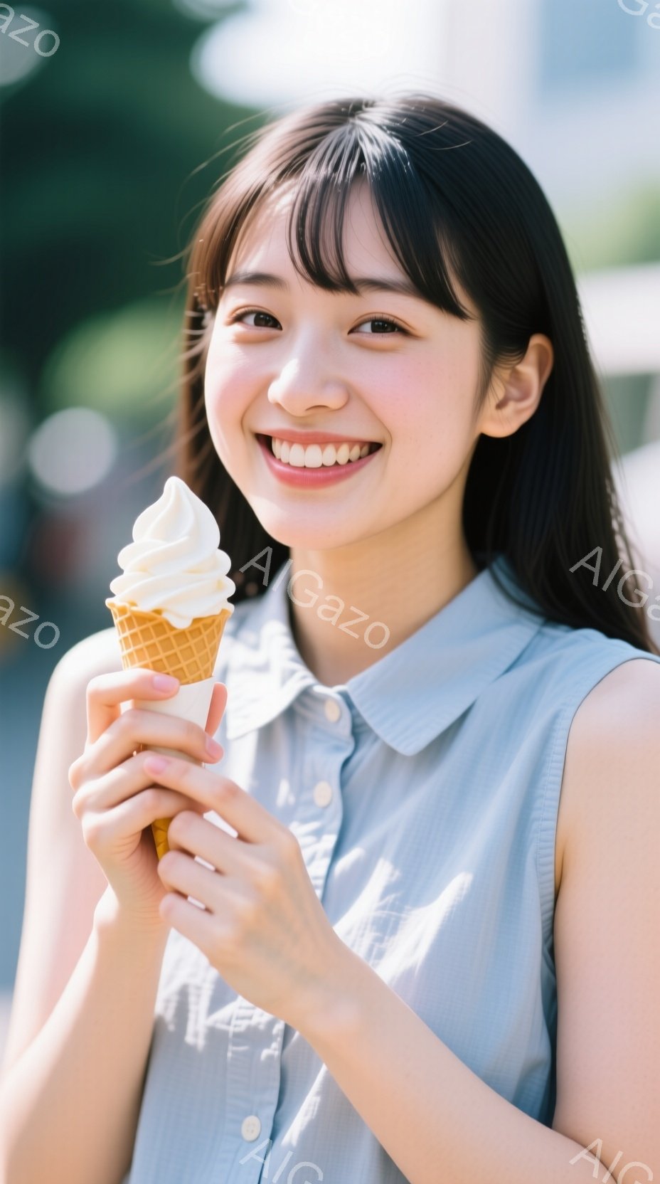若い女性がソフトクリームを持って笑顔でこちらを見ている。彼女は水色のブラウスを着ており、黒髪を肩まで伸ばしている。背景には建物が見え、晴れた日の穏やかな雰囲気が感じられる。