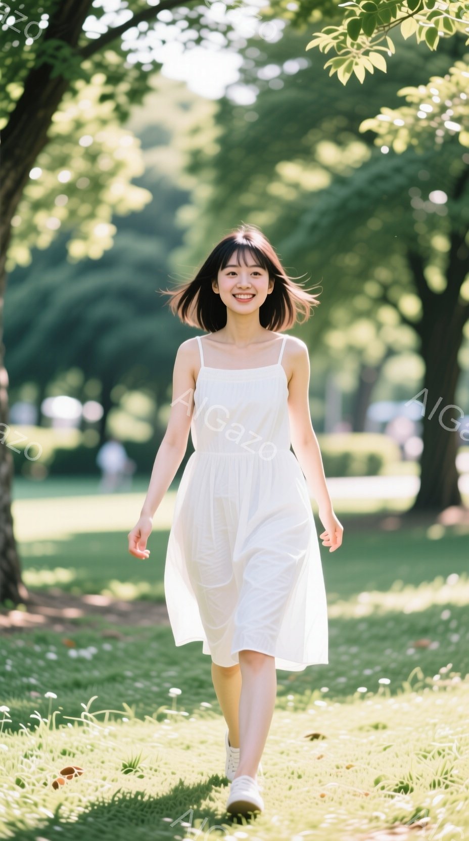 白いキャミソールワンピースを着た若い女性が、緑の芝生の上を歩いています。彼女は微笑んでおり、髪は短く、前髪が少しだけ顔にかかっています。背景には木々が生い茂り、太陽の光が差し込んで、明るく爽やかな雰囲気が漂っています。