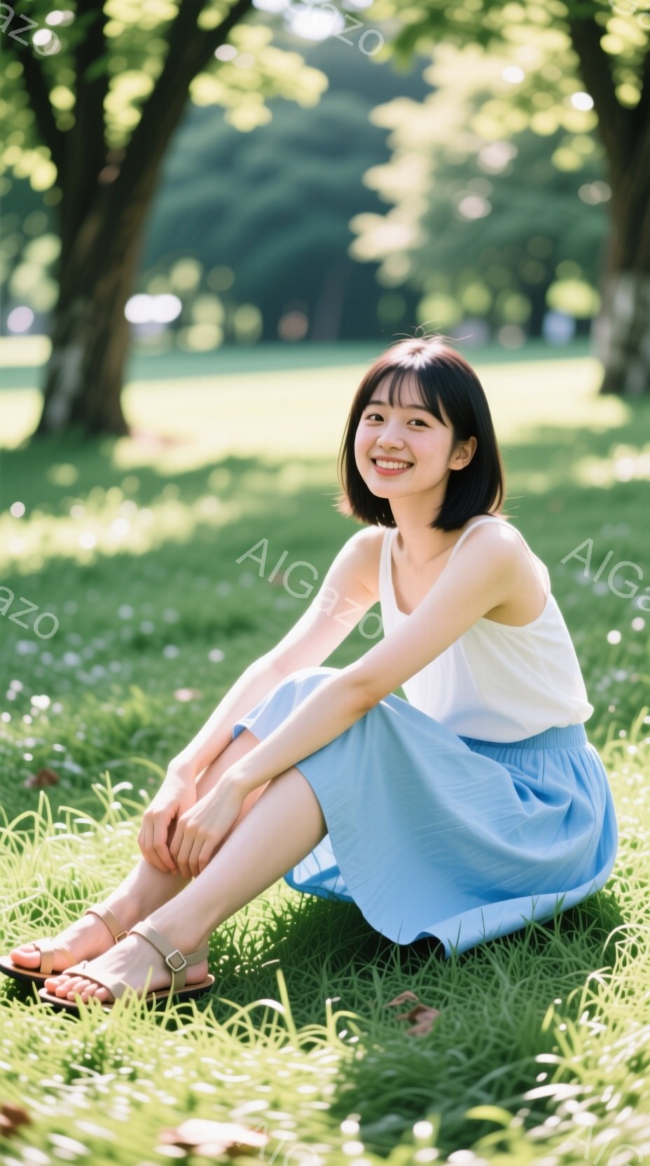 短い黒髪の女性が緑の芝生の上に座っています。白いトップスと水色のスカートを身につけ、サンダルを履いています。彼女は微笑んでおり、背景には木々が生い茂る穏やかな公園が広がっています。 - AI生成フリー素材