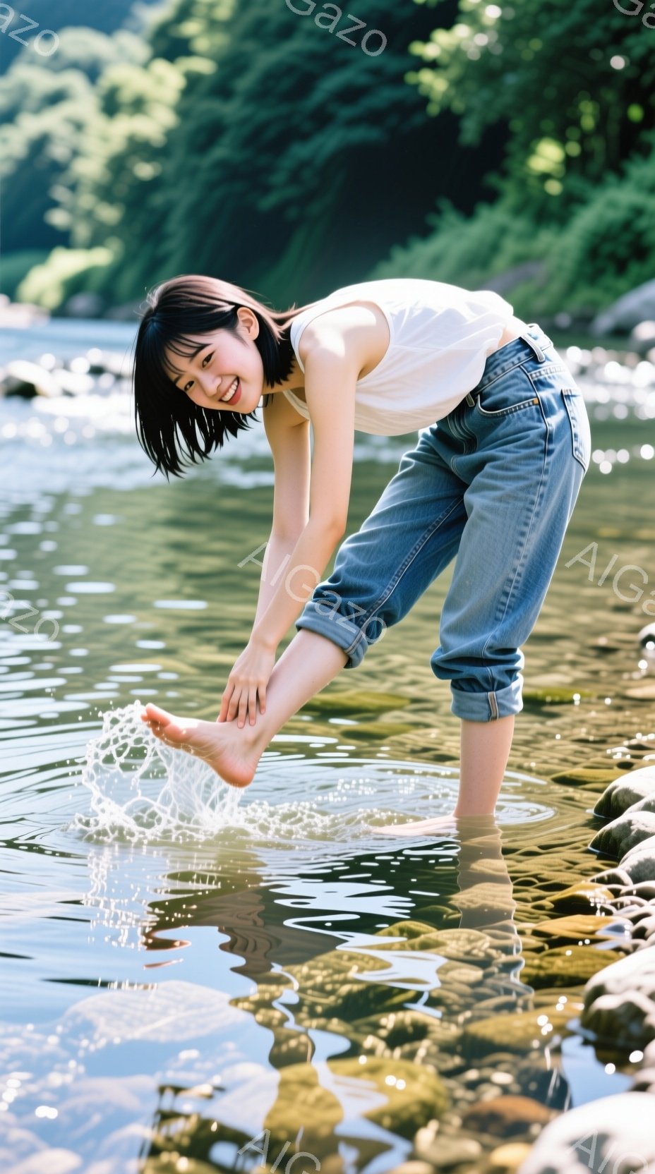 若い女性が川の中で遊んでいる様子が写っている。白いタンクトップとロールアップされたジーンズ姿で、片足で立ちながら水面に触れている。背景には緑豊かな自然が広がり、水面には水しぶきが飛び散り、晴れた日の爽やかな雰囲気が伝わる。