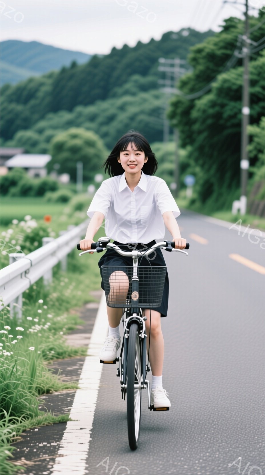 白いブラウスと黒いスカートを着た若い女性が、自転車に乗ってアスファルトの道を進んでいます。彼女は前髪を下ろしたショートヘアで、少し微笑んでおり、リラックスした表情をしています。背景には緑豊かな田園風景が広がり、遠くには建物が見え、晴天で穏やかな一日であることが伺えます。