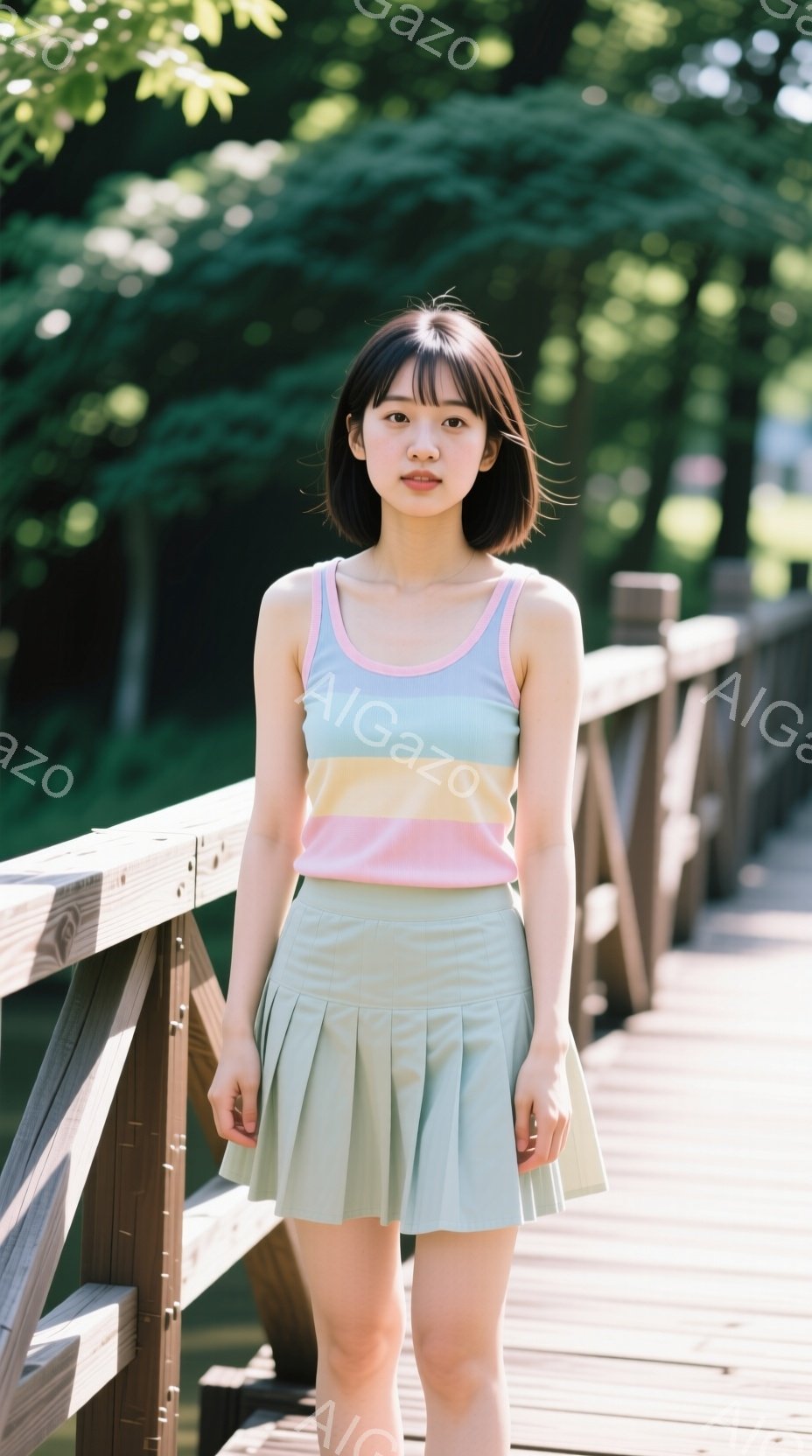 明るい色彩のタンクトップと、淡い緑色のプリーツスカートを着用した若い女性が写っている。彼女は軽く微笑み、まっすぐカメラを見つめている。背景には木製の橋と緑豊かな自然が広がり、晴れた日の穏やかな雰囲気を醸し出している。
