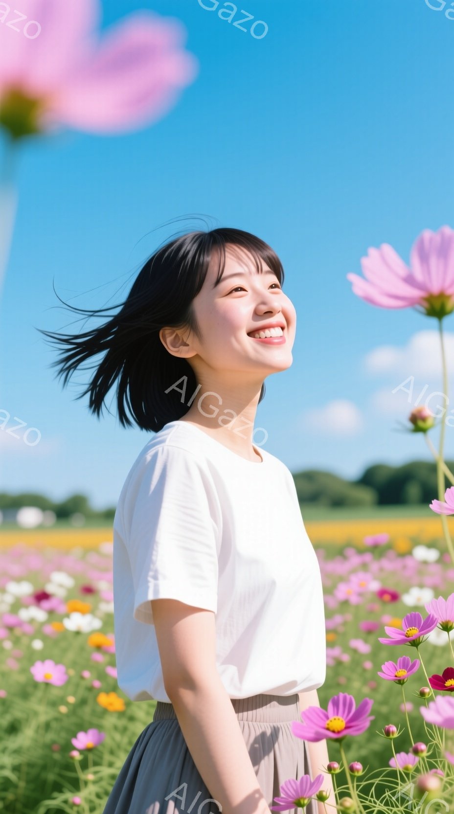 この女性は、ピンクと白のコスモス畑で微笑んでいます。白いTシャツと明るい茶色のスカートを着ており、黒髪が風になびいています。背景には青空が広がり、全体的に明るく、のどかな雰囲気が漂っています。