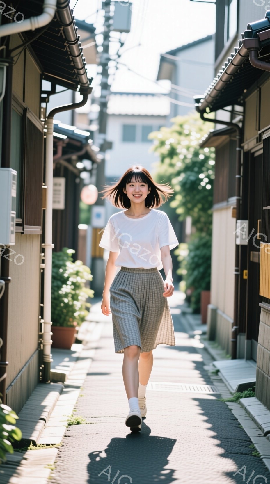 白いTシャツにチェック柄のスカートを着用した若い女性が、石畳の路地を正面を見据えながら歩いている。彼女は短い髪で、微笑んでおり、軽快な足取りで日差しの中を歩いている様子が捉えられている。路地は古い木造建築に囲まれ、植物が植えられた花壇が点在し、晴れた日の穏やかな雰囲気を醸し出している。