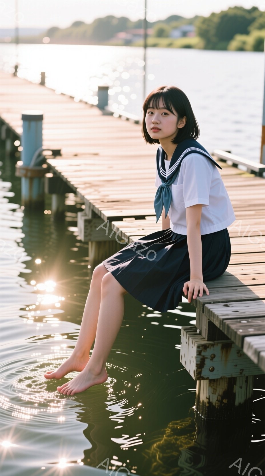 紺色のスカートと白いブラウスのセーラー服を着た若い女性が、桟橋に足を垂らして座っています。彼女は短い黒髪で、少し物憂げな表情をしています。背景には穏やかな水面と遠くの緑豊かな風景が広がり、夕暮れ時の穏やかで少し寂しげな雰囲気を醸し出しています。