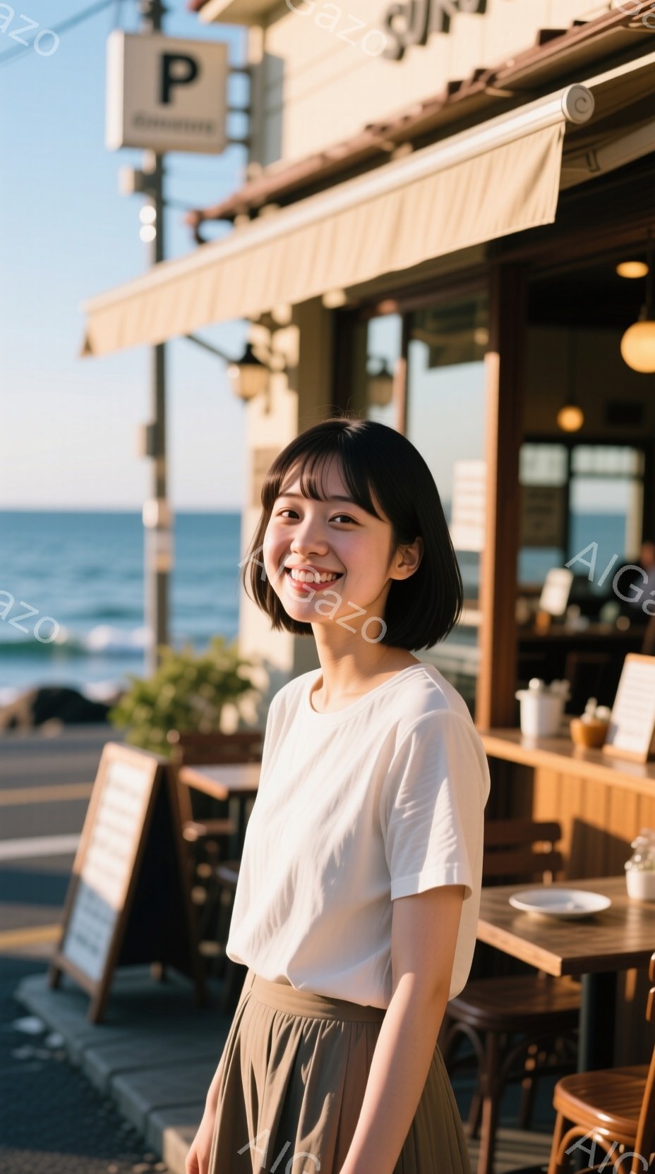 この女性は、ベージュのスカートと白いTシャツを着ており、短い前髪と肩までの長さの髪型をしている。彼女は微笑んでおり、リラックスした姿勢で立っている。背景にはカフェのテラス席と青い海が見え、晴れた日の穏やかな雰囲気が漂っている。