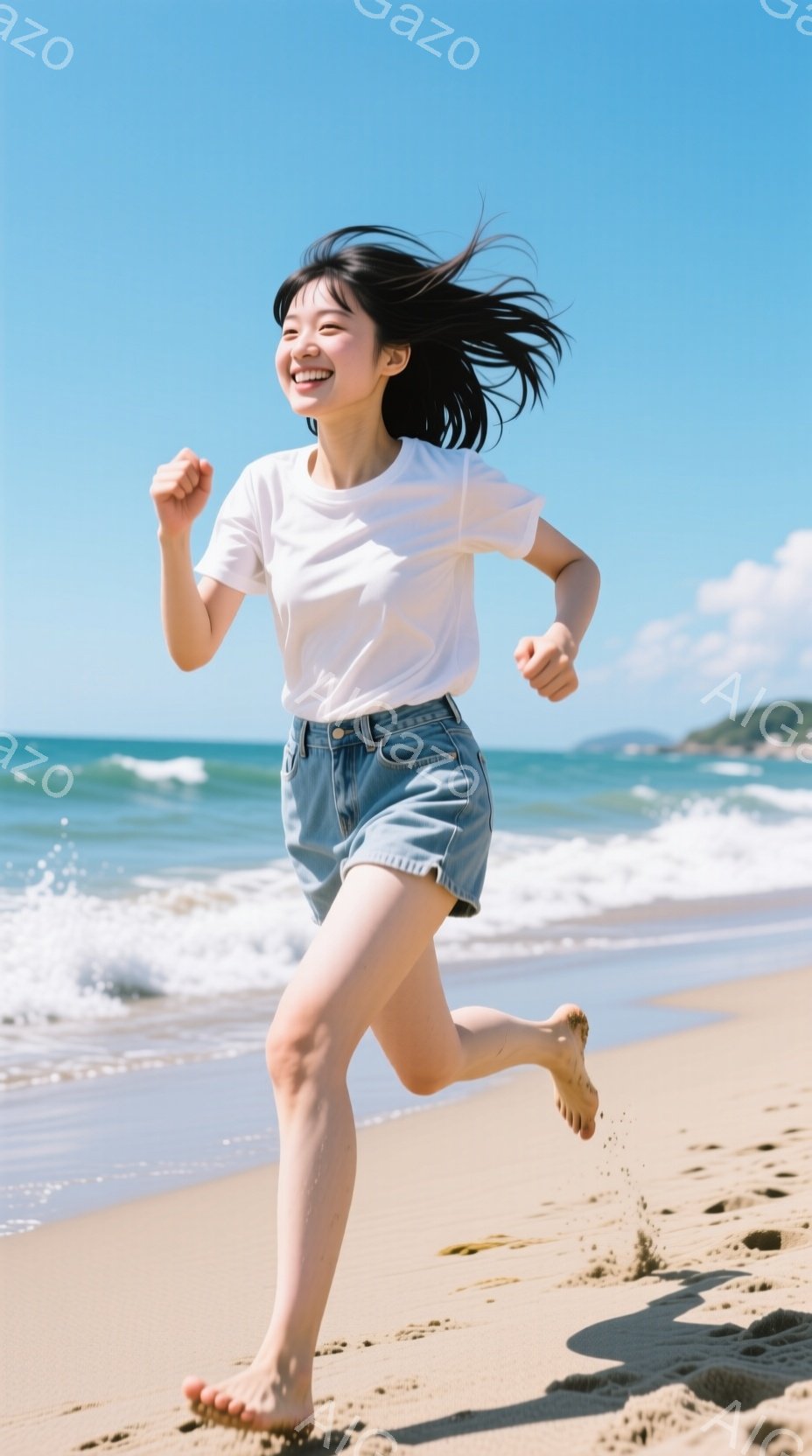白いTシャツとデニムのショートパンツを着用した若い女性が、砂浜を裸足で走っている。彼女は笑顔で、髪が風になびき、躍動感に満ちた姿だ。背景には青い海と空が広がり、晴れた日の開放的な雰囲気を醸し出している。