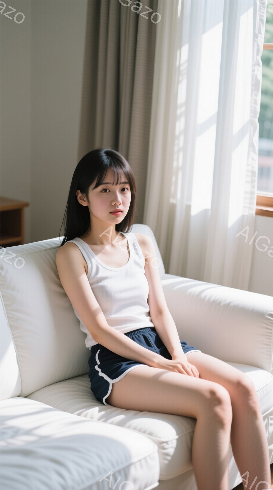 白いソファに座る若い女性が写っています。彼女は白いタンクトップと紺色のショートパンツを着用し、前髪のある黒髪が肩にかかっています。表情は穏やかで、少し微笑んでいるようにも見え、リラックスした雰囲気が漂っています。