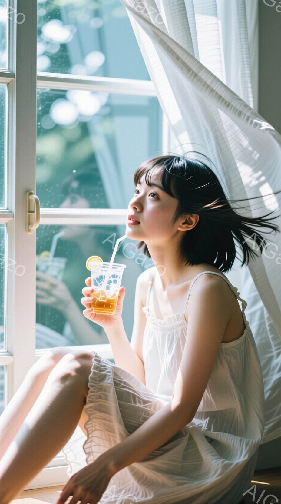 白いノースリーブのワンピースを着た若い女性が、窓辺に座ってオレンジジュースを飲んでいます。彼女は黒いボブヘアで、少し上目遣いをして穏やかな表情を浮かべています。背景には緑豊かな木々が見え、明るい日差しが差し込み、リラックスした雰囲気を作り出しています。