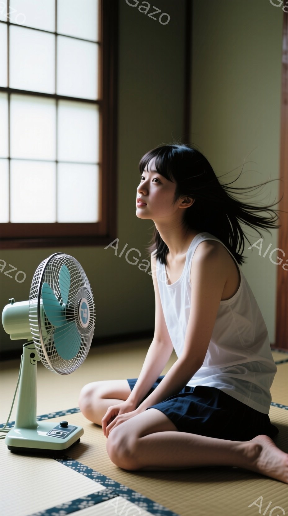 畳の上に座る若い女性が描かれています。彼女は白いタンクトップと紺色の短いズボンを身につけ、長い黒髪が風でなびいています。窓から差し込む光が彼女の顔を照らし、何かを期待するような、あるいは物思いにふけるような表情をしています。