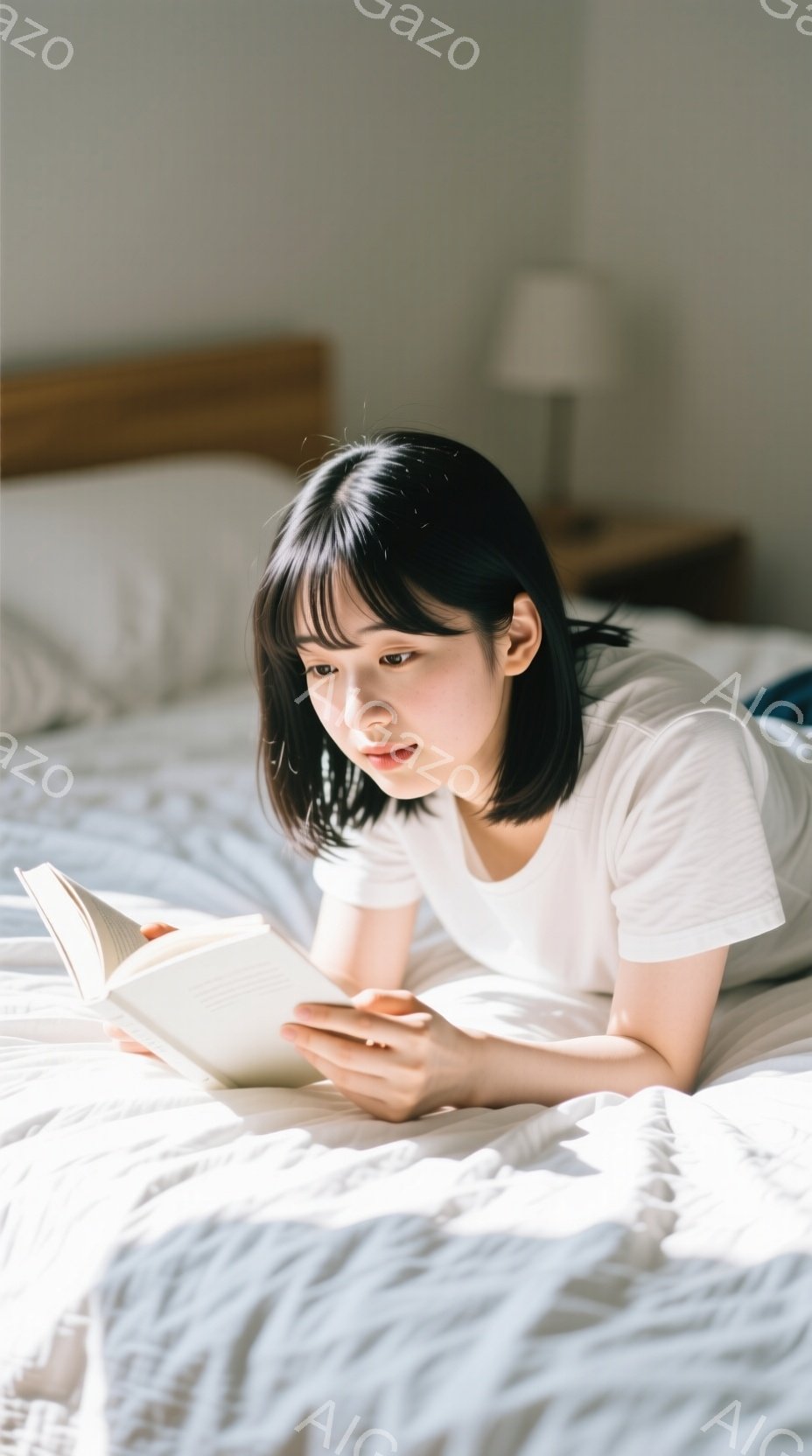 浅黒い髪を肩のあたりで切り揃えた女性が、白いベッドの上で本を読んでいます。白いTシャツを着ており、リラックスした表情で、横向きになりながら読み進めているようです。背景はぼやけていますが、部屋の一部と柔らかな光が差し込んでいる様子から、穏やかで心地よい雰囲気を感じさせます。