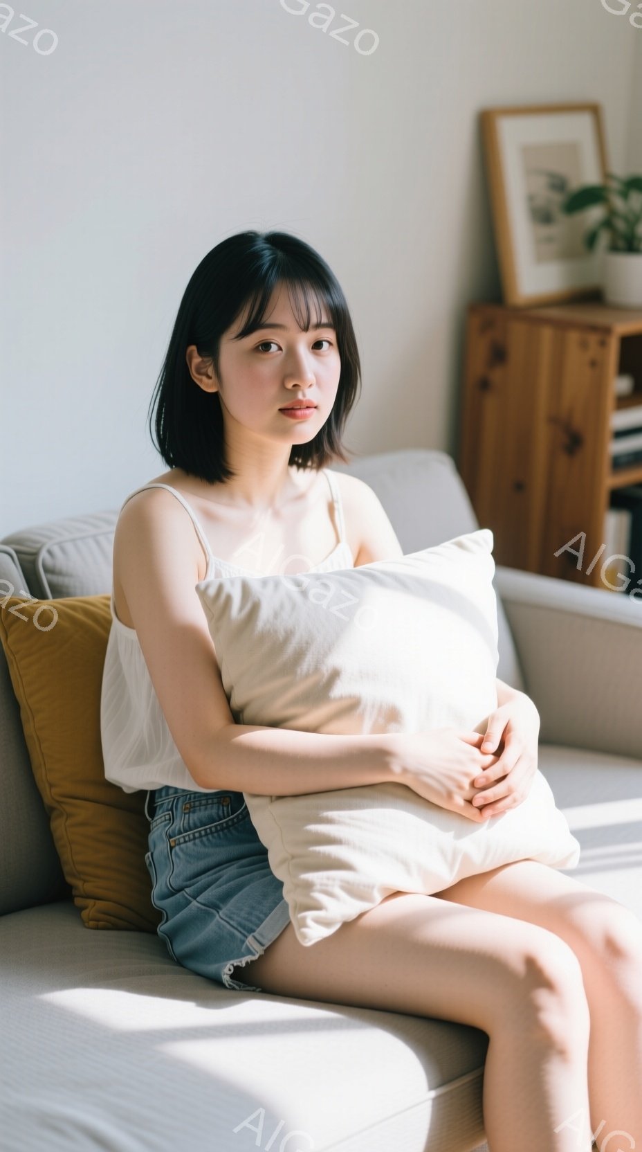 短い黒髪の女性が、ベージュ色のソファに座り、白いクッションを抱えています。彼女は肩出しの白いトップスと、水色のショートデニムパンツを着ており、表情は穏やかです。背景には木製のキャビネットと植物が見え、部屋全体が明るく、リラックスした雰囲気です。