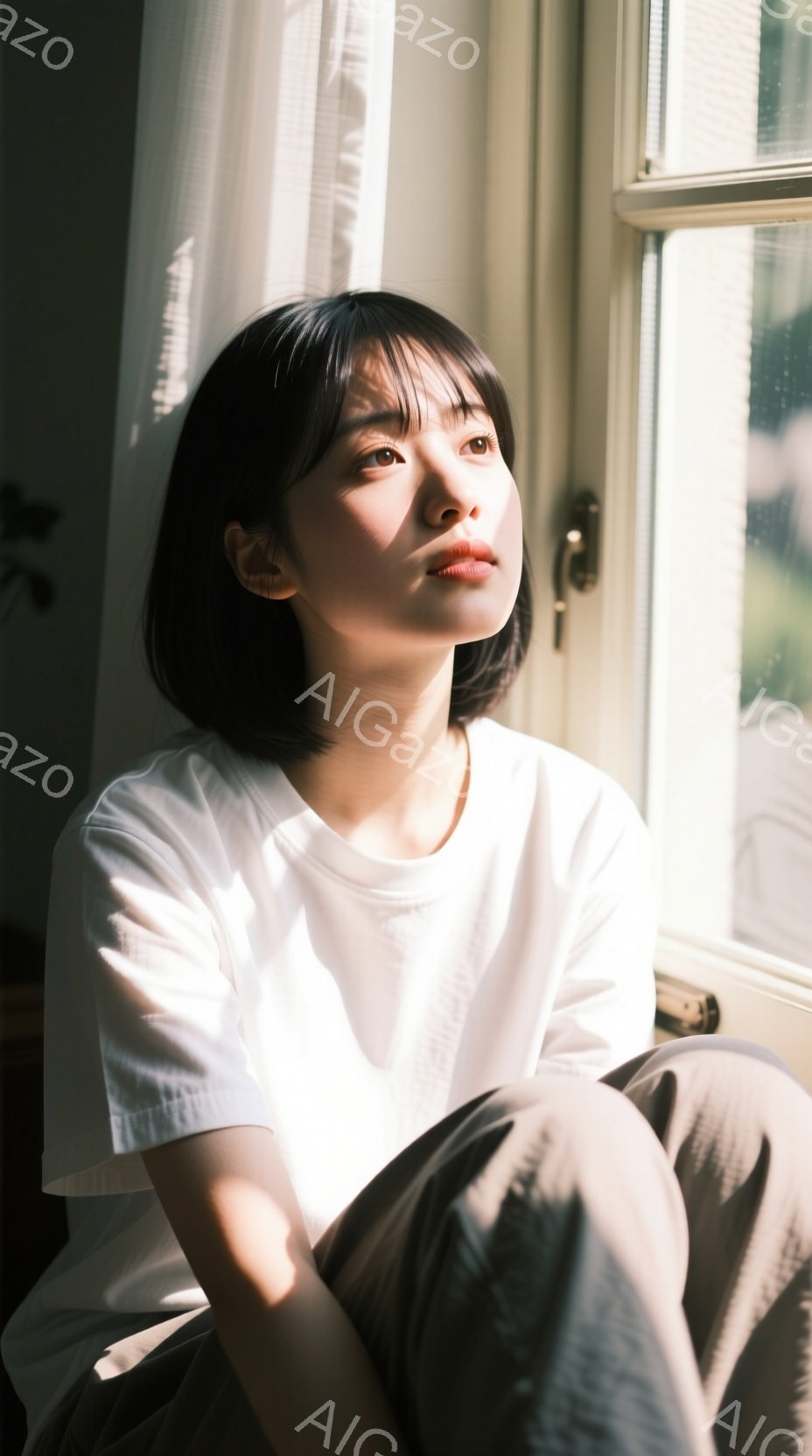短い黒髪の女性が窓辺に座り、少し上を見ている。白いTシャツとベージュ色のズボンを身に着け、穏やかな表情をしている。窓の外には緑が見え、光が差し込み、全体的に柔らかく暖かい雰囲気を醸し出している。