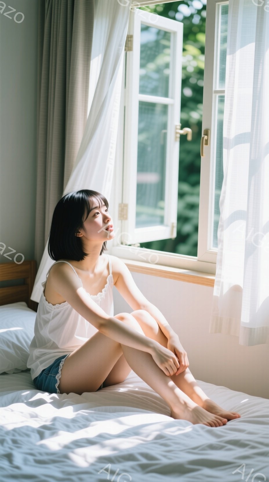 短い黒髪の女性がベッドに座り、足を組んで窓の外を見つめている。白いキャミソールとデニムのショートパンツを身に着け、リラックスした表情で、穏やかな光が彼女を照らしている。窓の外には緑豊かな木々が見え、部屋全体が明るく、静かで、平和な雰囲気に包まれている。