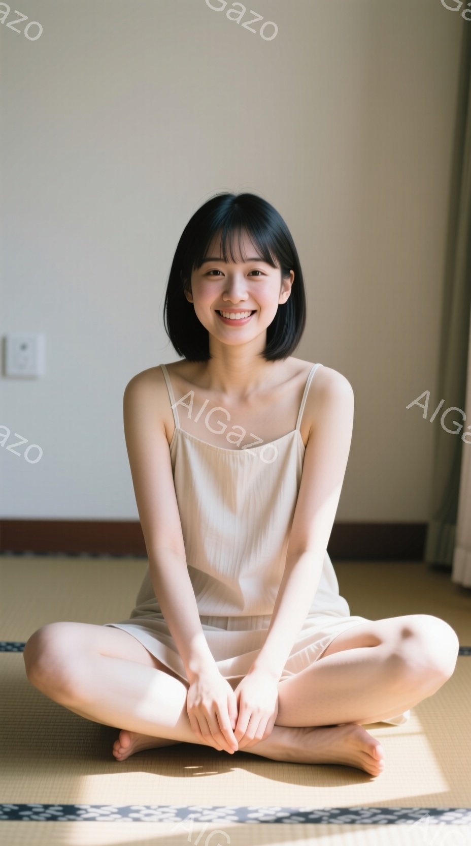 明るい部屋で、女性が正座をして微笑んでいます。ベージュ色のキャミソールとズボンを身に着け、黒髪のストレートヘアは肩のあたりでカットされています。畳の床に座り、リラックスした雰囲気で、自然な笑顔を見せています。