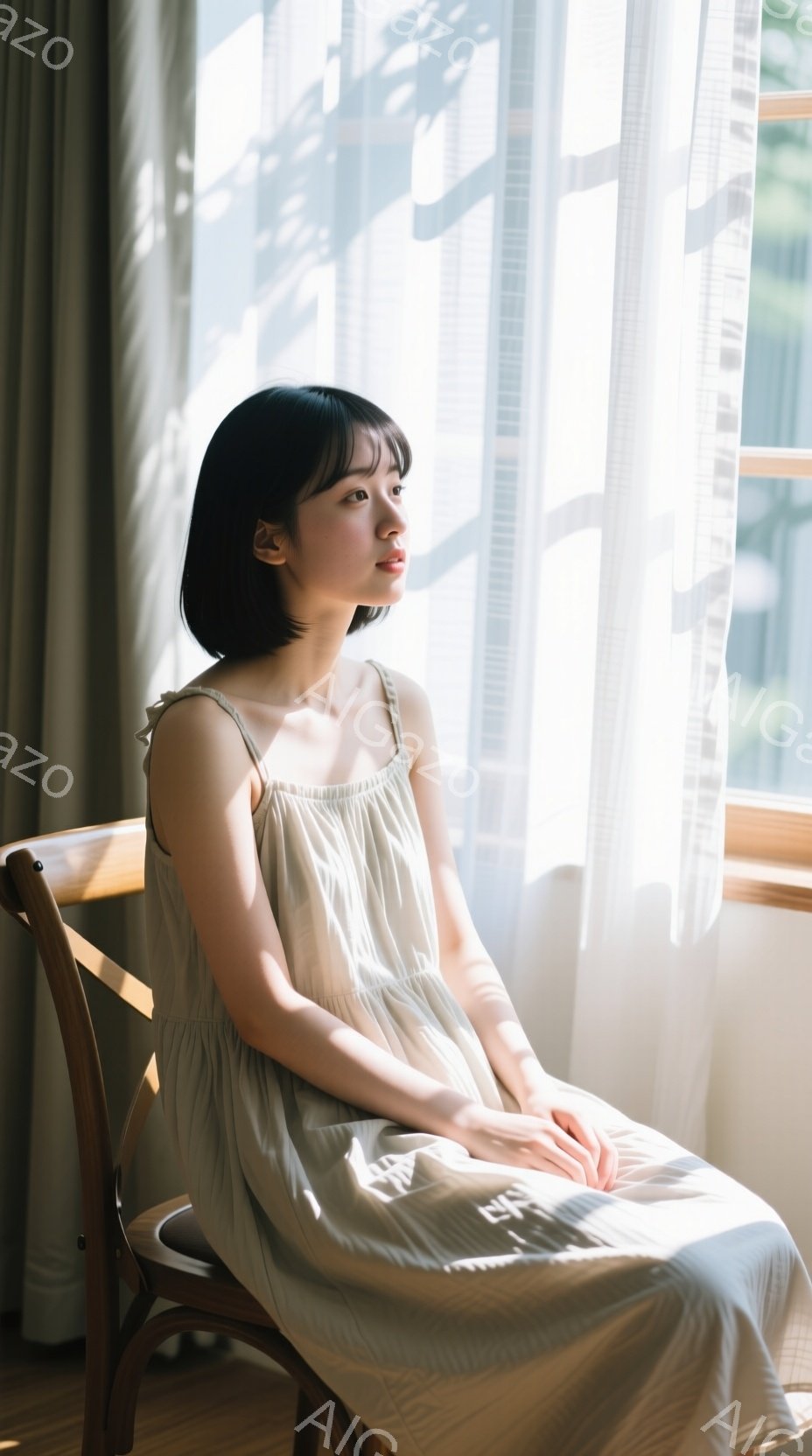 短い髪の女性が椅子に座り、窓の外を見つめています。クリーム色のキャミソールワンピースを着ており、表情は穏やかで、どこか物思いにふけっているようです。背景には、光が差し込む窓と、ぼんやりと見える自然が見え、全体的に柔らかく静かな雰囲気を醸し出しています。