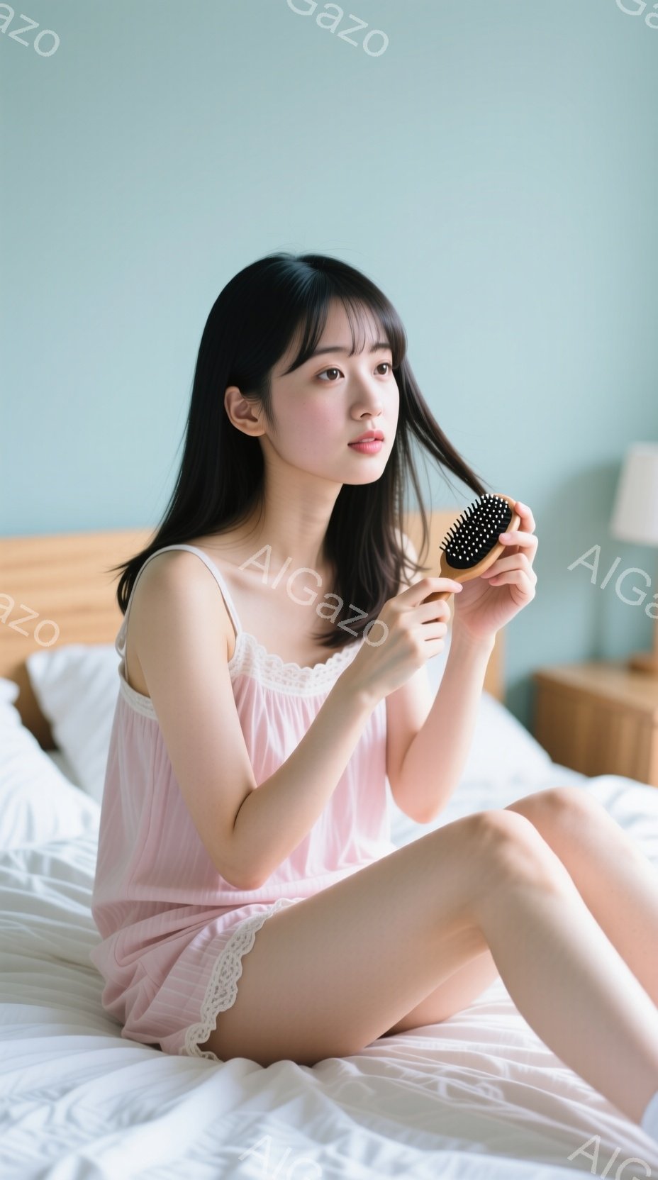 長い黒髪をセンターパートにした若い女性が、ピンク色のキャミソールワンピースを着てベッドに座っています。彼女はリラックスした表情で、片手にヘアブラシを持ち、何かに集中しているようです。背景には白いベッドシーツと木製のナイトスタンドが見え、穏やかで優しい雰囲気を醸し出しています。